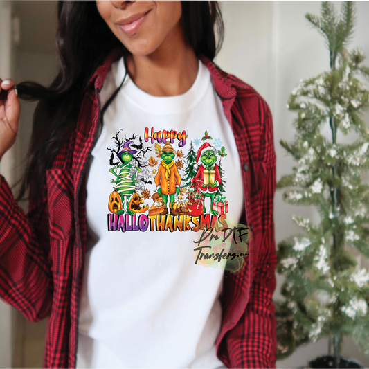 CM74 Grinch Happy HalloThanksMas Full Color DTF Transfer - Pro DTF Transfers