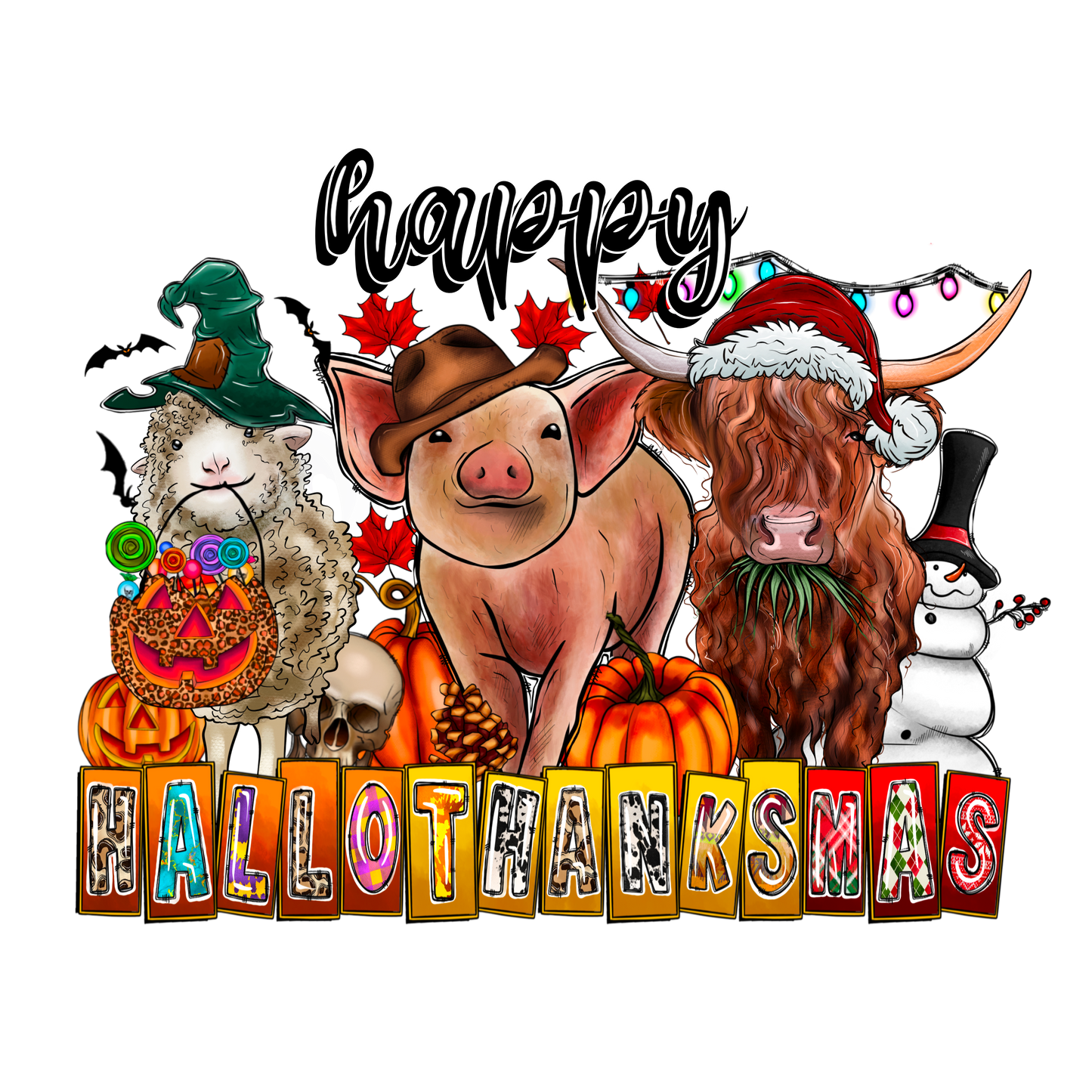 HW269 Happy HalloThanksMas Full Color DTF Transfer - Pro DTF Transfers