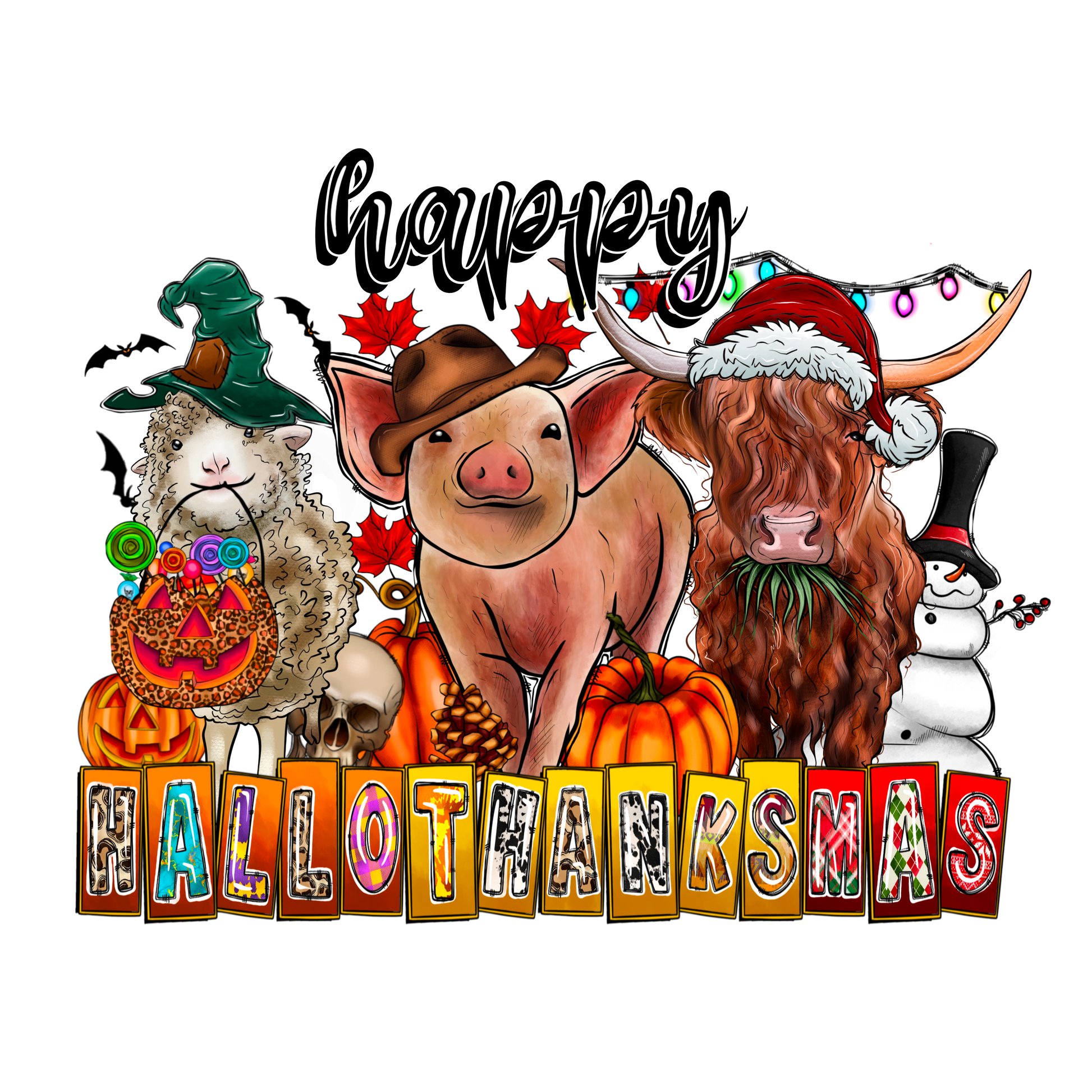 HW269 Happy HalloThanksMas Full Color DTF Transfer - Pro DTF Transfers