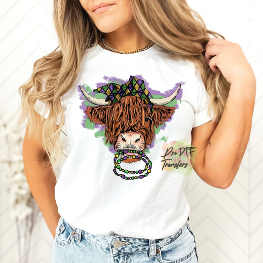 MG68 Highland Cow Mardi Gras Full Color Transfer - Pro DTF Transfers