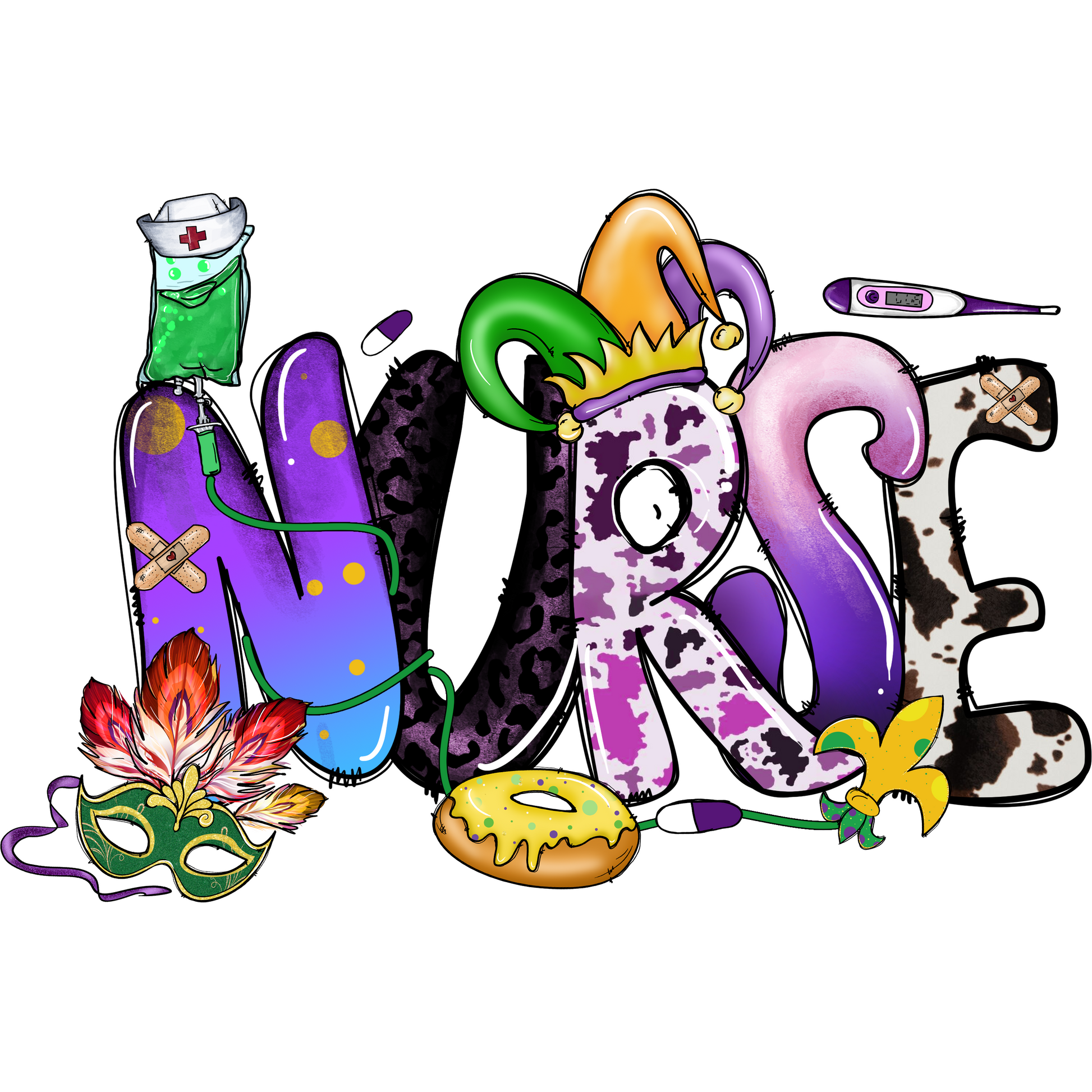NMG4 Mardi Gras Nurse 3 Full Color DTF Transfer - Pro DTF Transfers