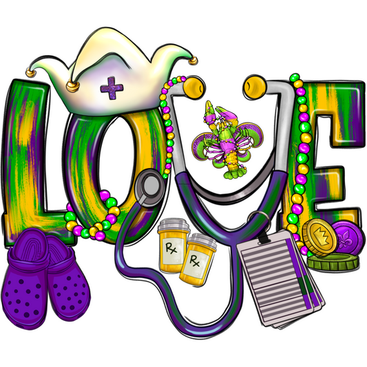 Love Mardi Gras Nurse Full Color DTF Transfer - Pro DTF Transfers