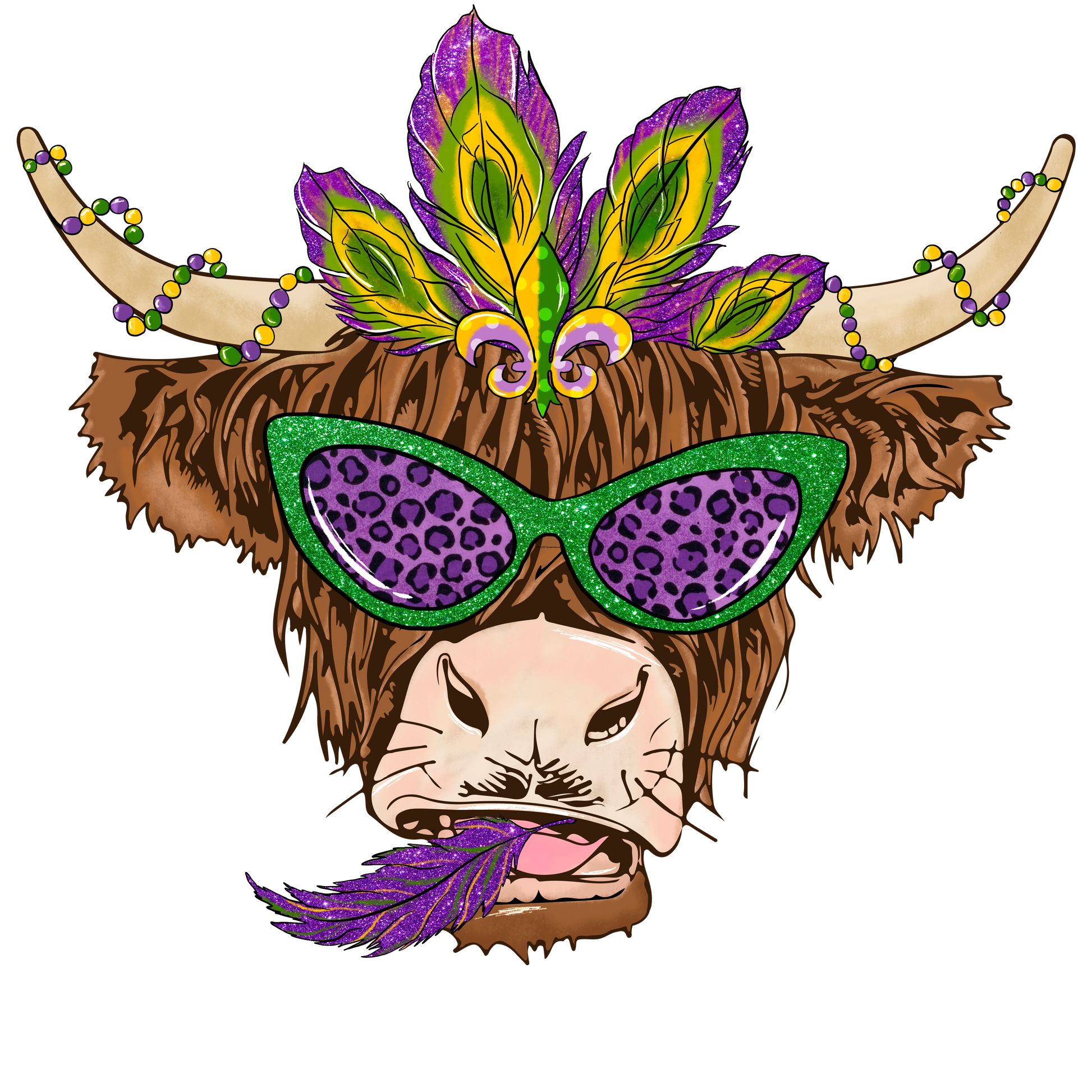 Highland Cow Glasses Mardi Gras Full Color Transfer - Pro DTF Transfers