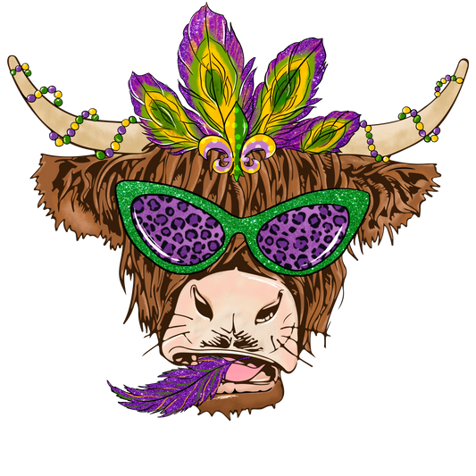 Highland Cow Glasses Mardi Gras Full Color Transfer - Pro DTF Transfers