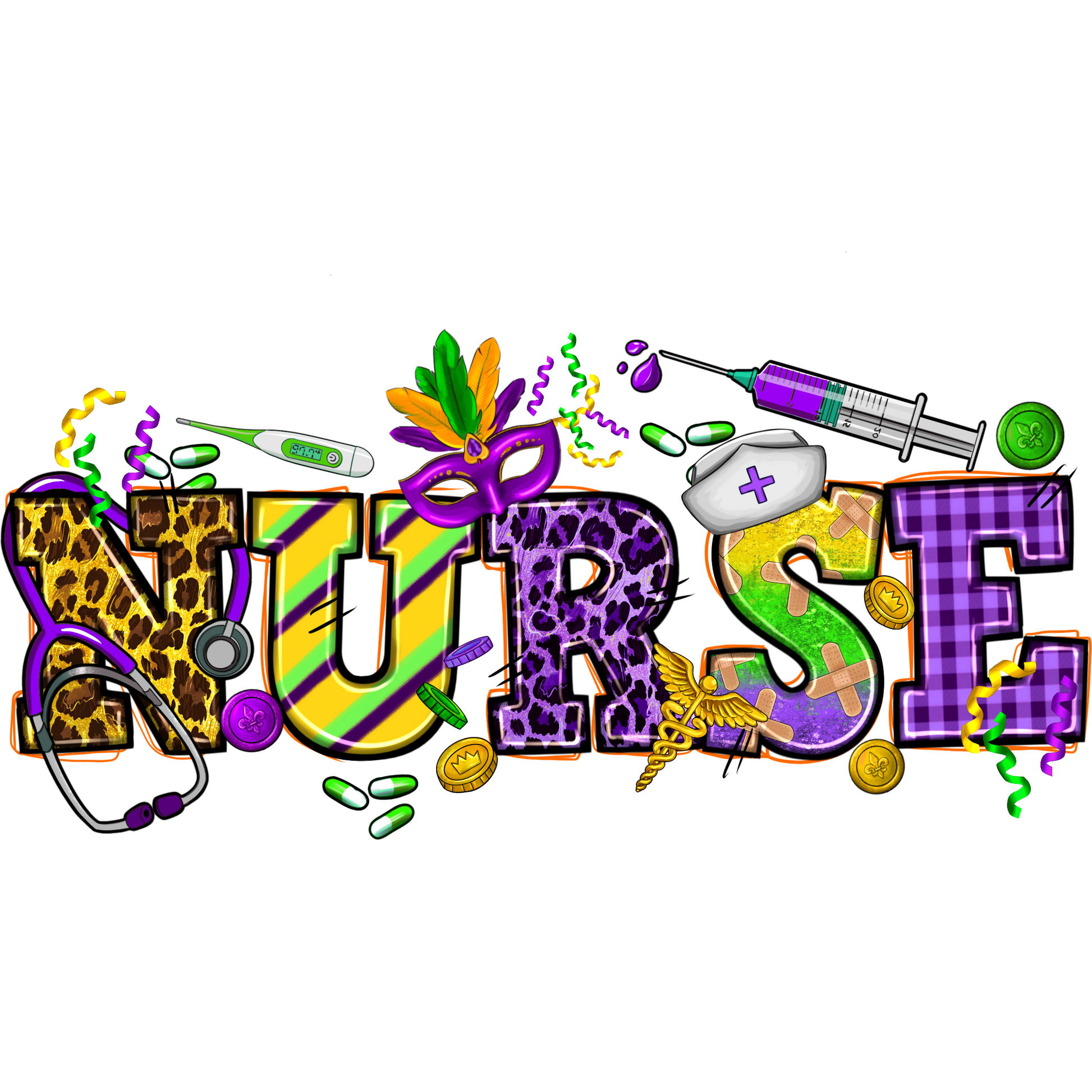 N145 Mardi Gras Nurse 2 Full Color DTF Transfer - Pro DTF Transfers