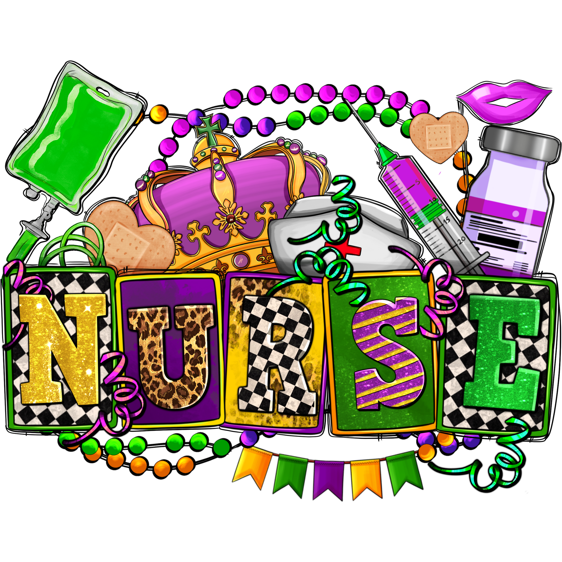 N147 Mardi Gras Nurse Beads Full Color DTF Transfer - Pro DTF Transfers